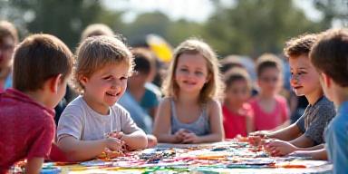 Children and families taking part in hands-on craft activities at a community festival